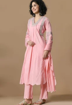 Embroidered Cotton Scalloped Pakistani Suit in Pink