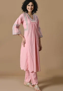 Embroidered Cotton Scalloped Pakistani Suit in Pink