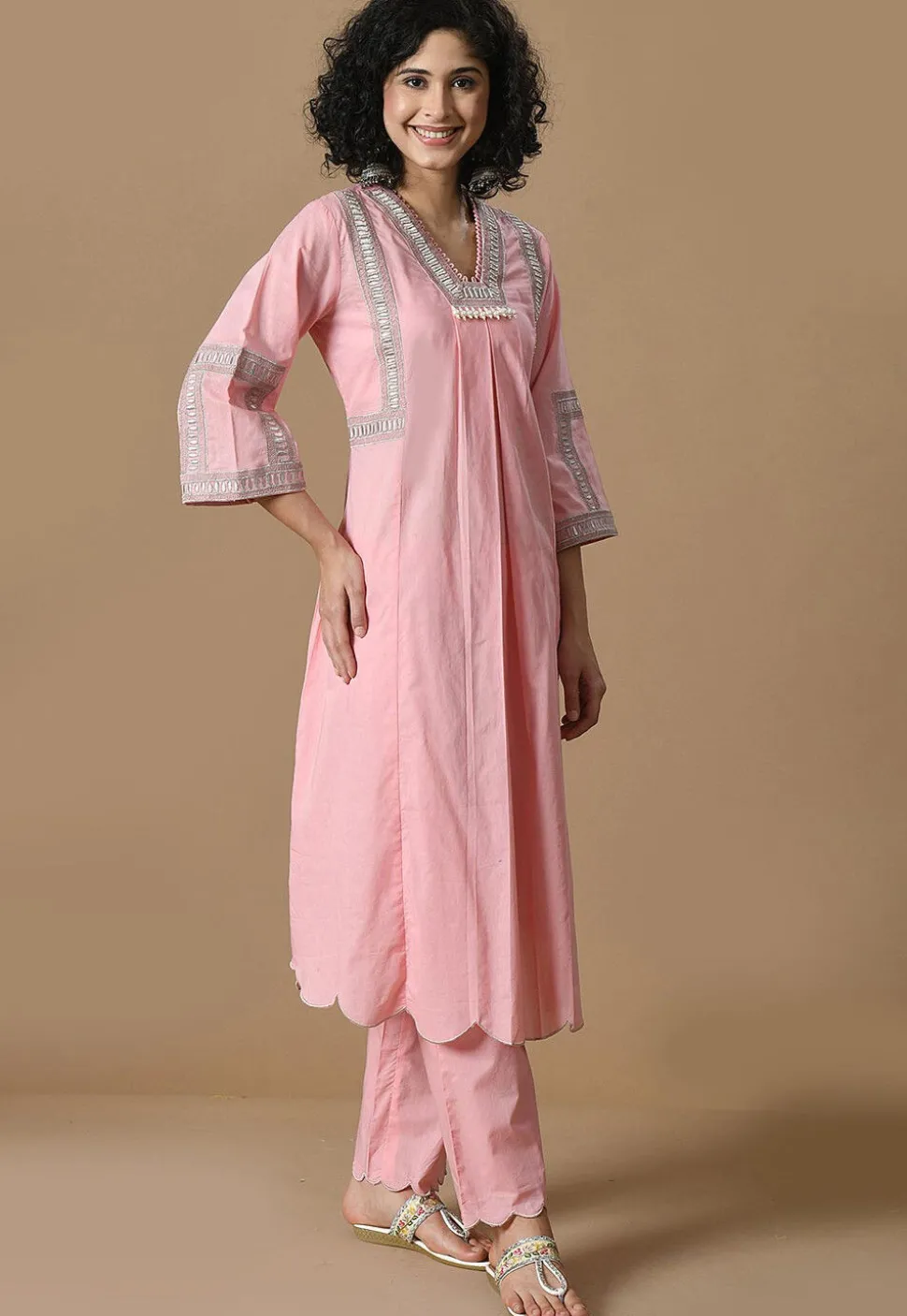 Embroidered Cotton Scalloped Pakistani Suit in Pink