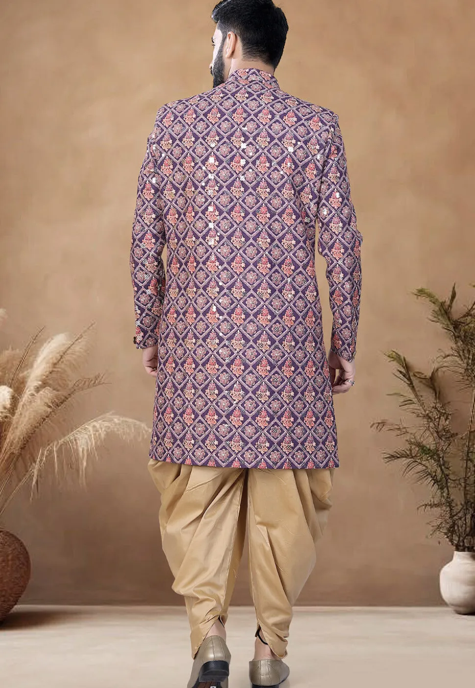 Embroidered Cotton Sherwani in Purple
