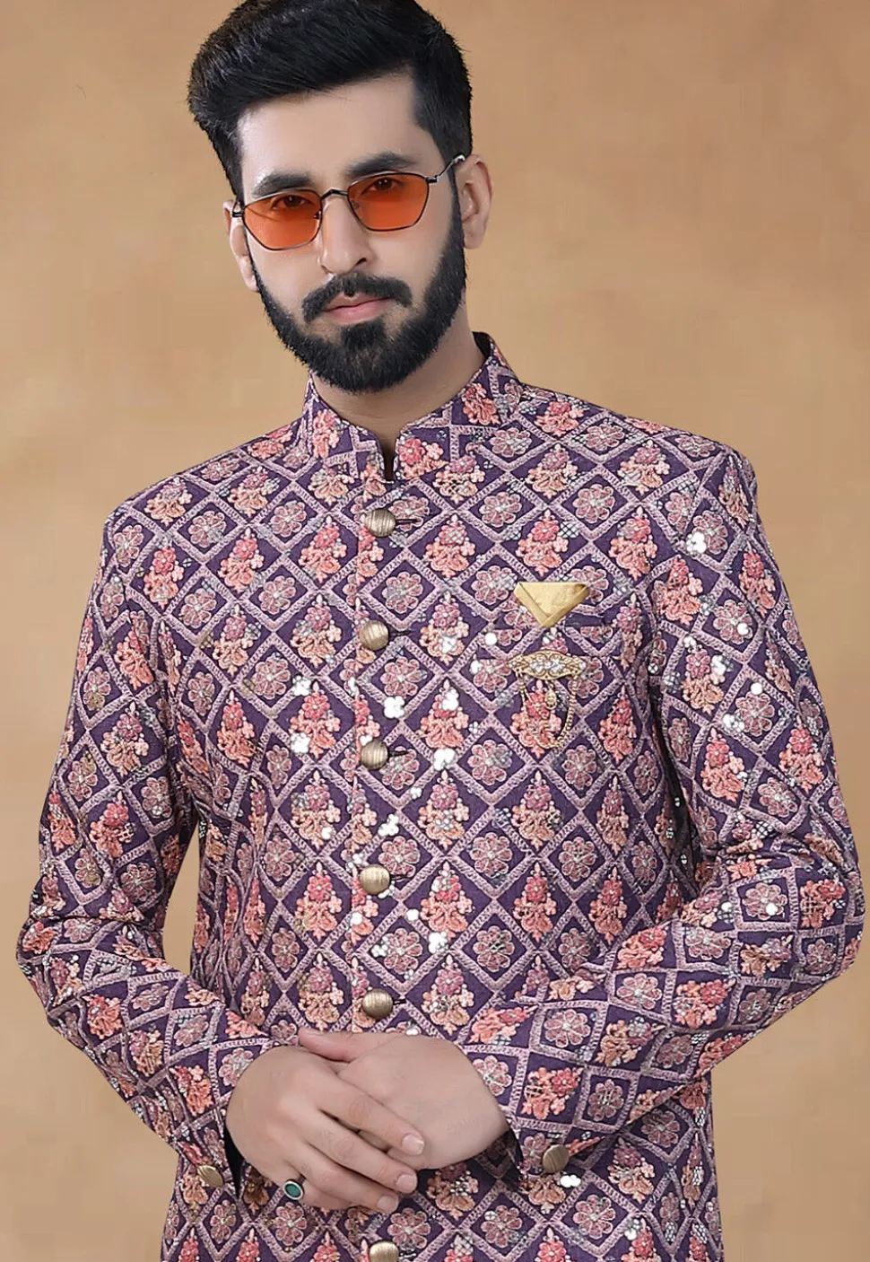 Embroidered Cotton Sherwani in Purple