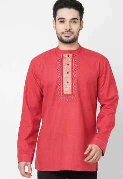 Embroidered Cotton Short Kurta in Coral Red