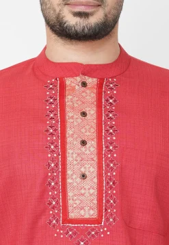 Embroidered Cotton Short Kurta in Coral Red