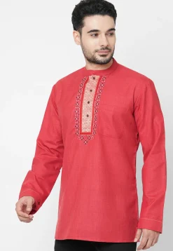 Embroidered Cotton Short Kurta in Coral Red