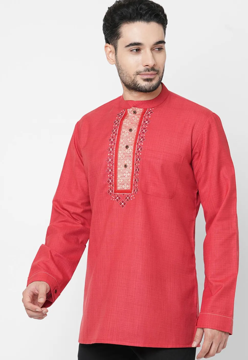 Embroidered Cotton Short Kurta in Coral Red