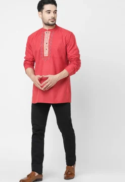 Embroidered Cotton Short Kurta in Coral Red