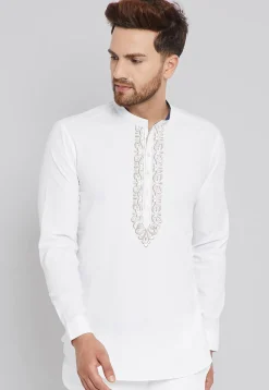 Embroidered Cotton Short Kurta in White
