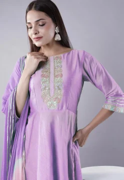 Embroidered Cotton Silk A Line Suit in Light Purple