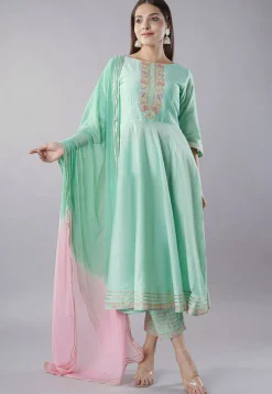 Embroidered Cotton Silk Anarkali Suit in Sea Green