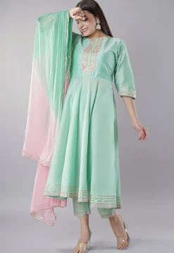 Embroidered Cotton Silk Anarkali Suit in Sea Green