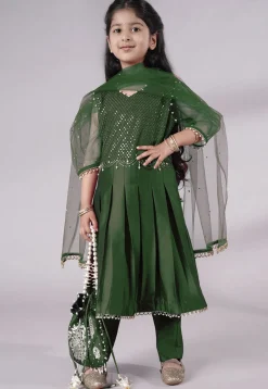 Embroidered Cotton Silk A Line Suit in Dark Green