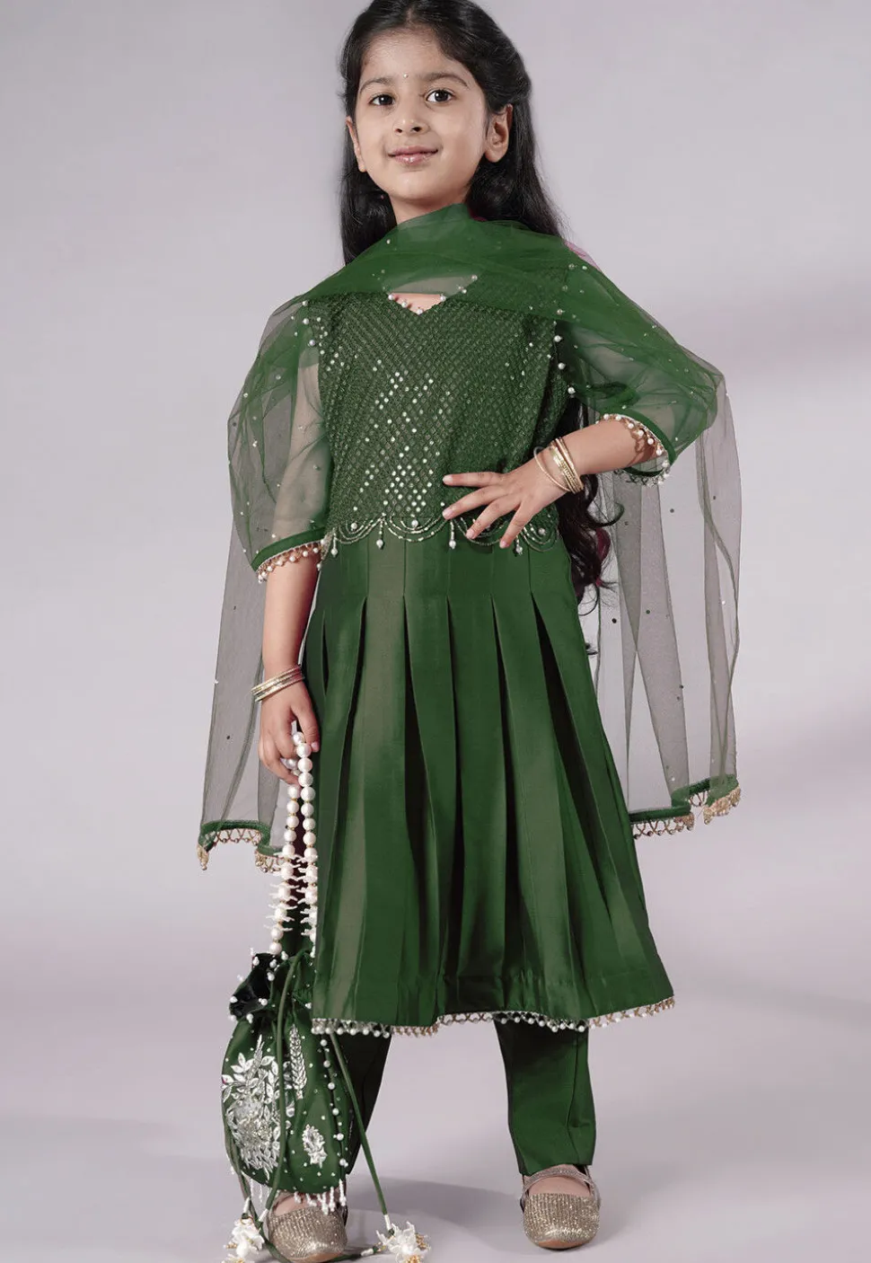 Embroidered Cotton Silk A Line Suit in Dark Green
