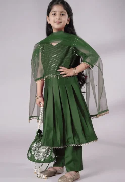 Embroidered Cotton Silk A Line Suit in Dark Green
