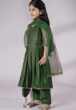 Embroidered Cotton Silk A Line Suit in Dark Green