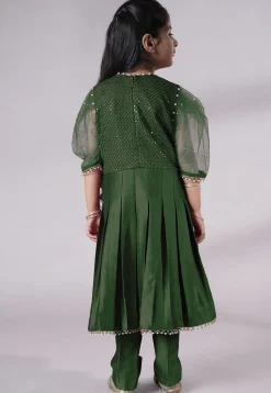 Embroidered Cotton Silk A Line Suit in Dark Green