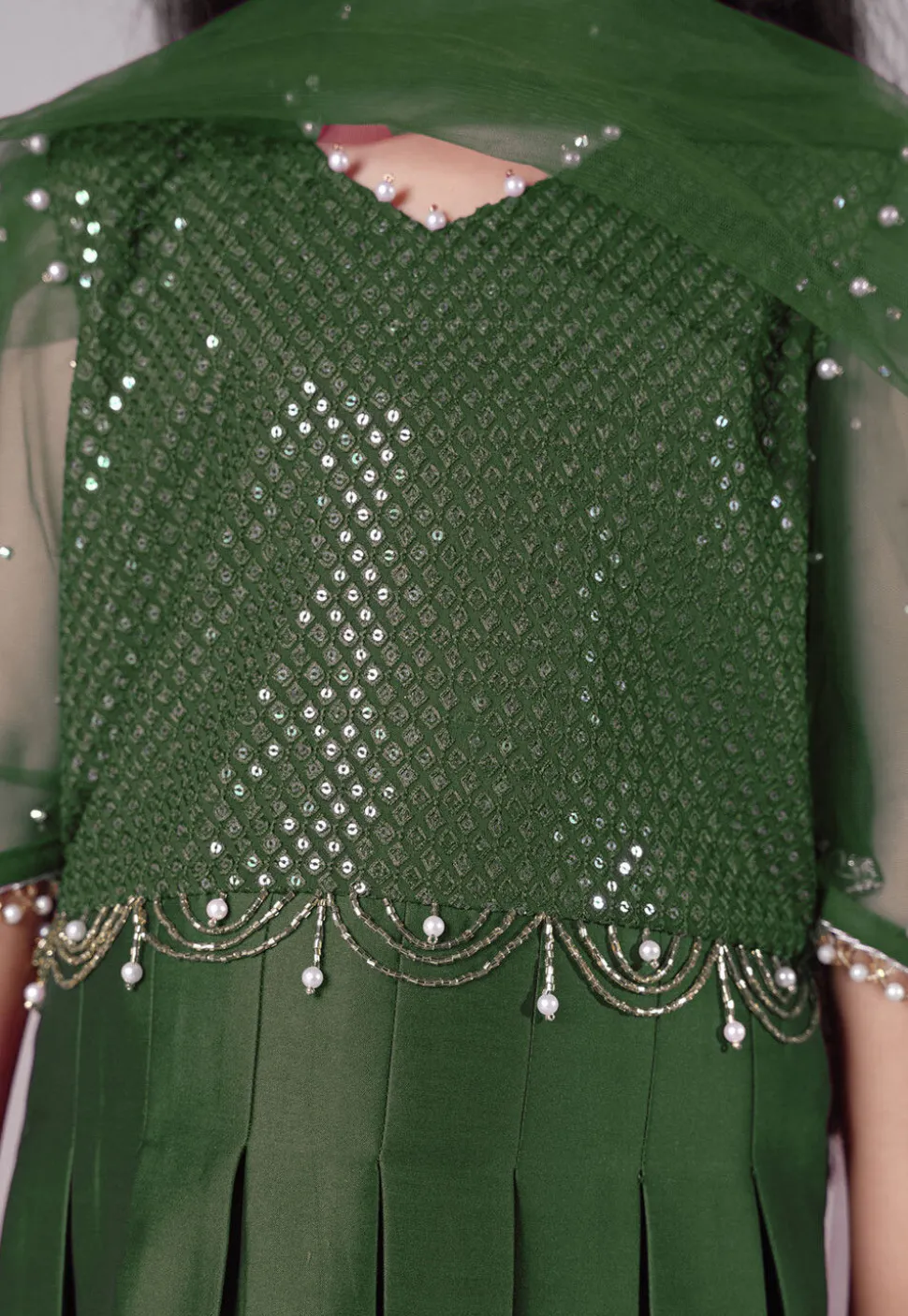 Embroidered Cotton Silk A Line Suit in Dark Green