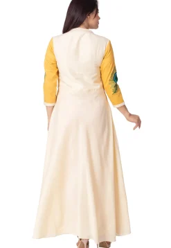 Embroidered Cotton Silk Abaya Style Suit in Cream