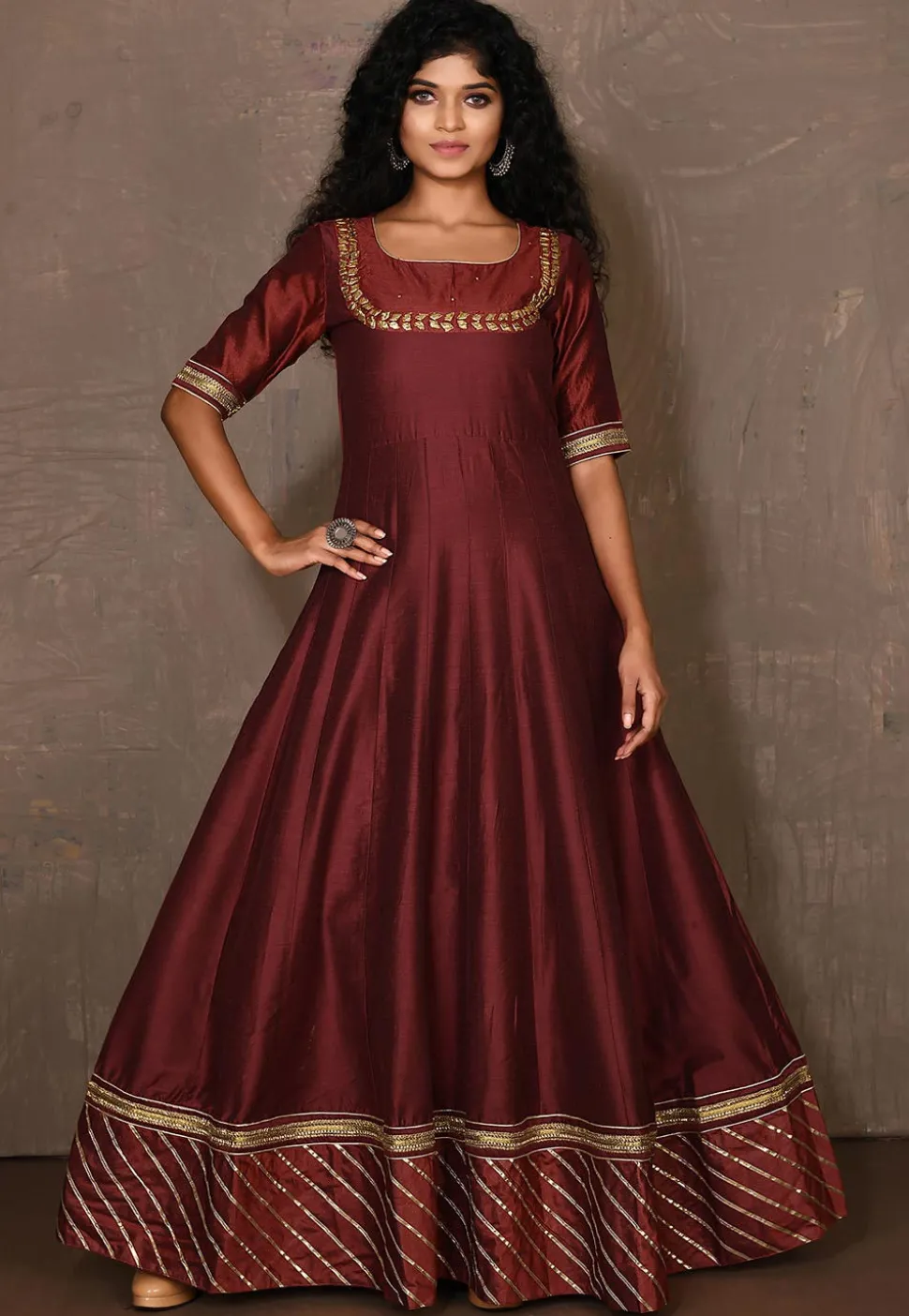 Embroidered Cotton Silk Anarkali Kurta in Maroon