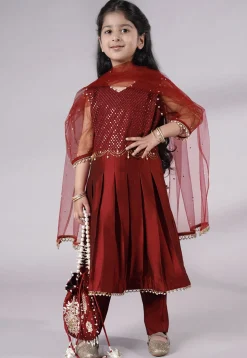 Embroidered Cotton Silk A Line Suit in Maroon