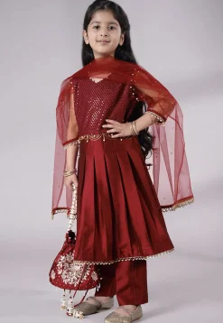 Embroidered Cotton Silk A Line Suit in Maroon