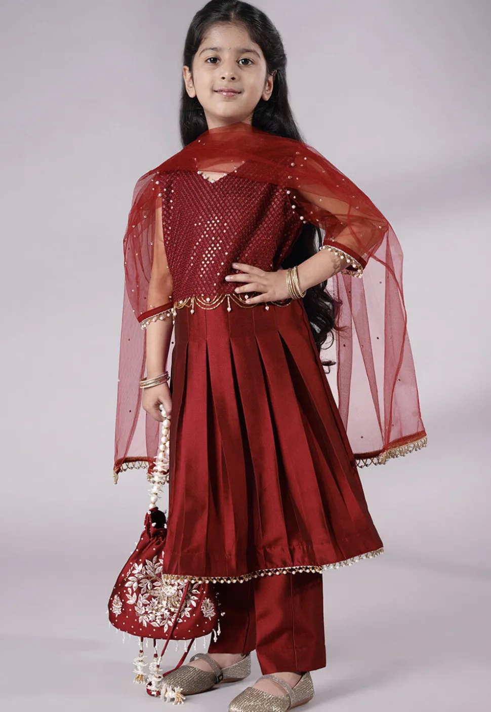 Embroidered Cotton Silk A Line Suit in Maroon