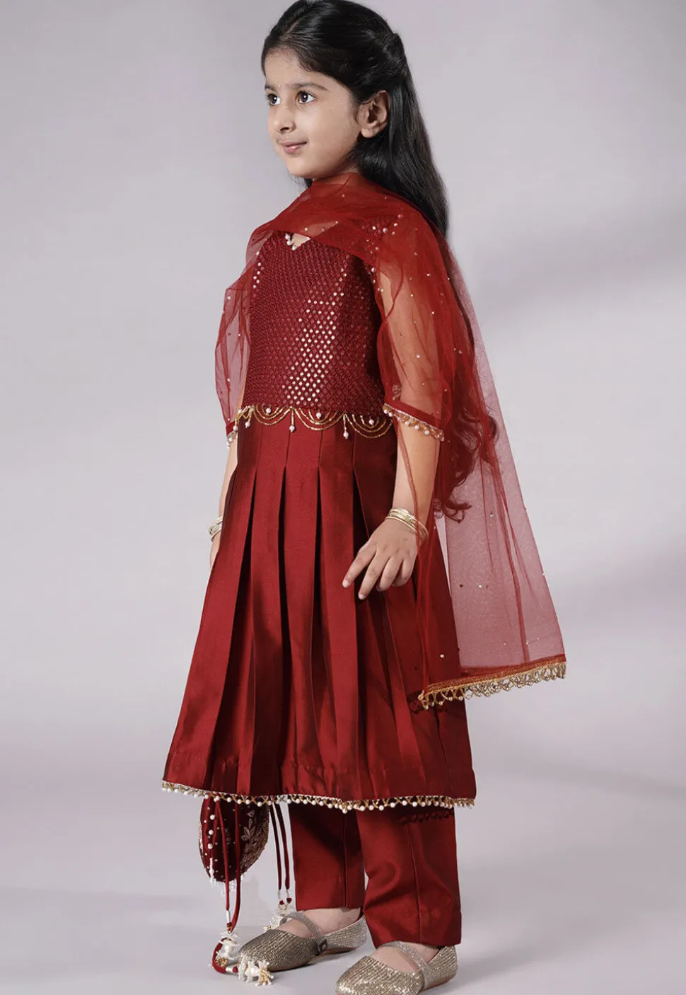 Embroidered Cotton Silk A Line Suit in Maroon