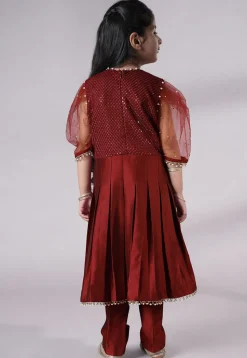 Embroidered Cotton Silk A Line Suit in Maroon