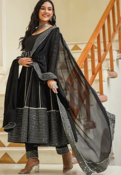 Embroidered Cotton Silk Aline Suit in Black