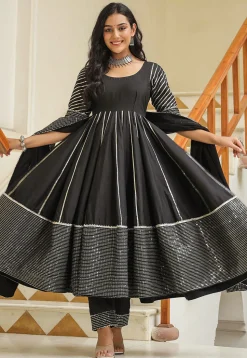 Embroidered Cotton Silk Aline Suit in Black