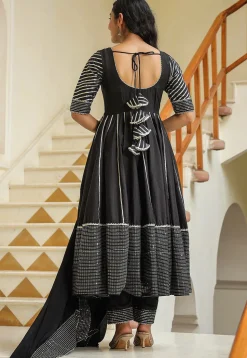 Embroidered Cotton Silk Aline Suit in Black