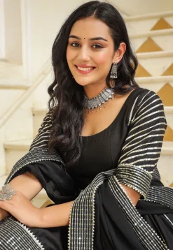 Embroidered Cotton Silk Aline Suit in Black