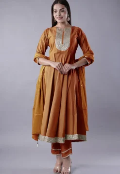 Embroidered Cotton Silk Aline Suit in Brown