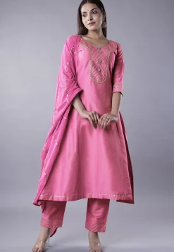 Embroidered Cotton Silk Anarkali Suit in Pink