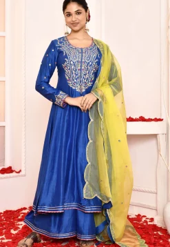 Embroidered Cotton Silk Anarkali Suit in Royal Blue