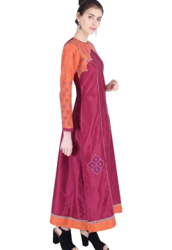 Embroidered Cotton Silk A Line Suit in Magenta