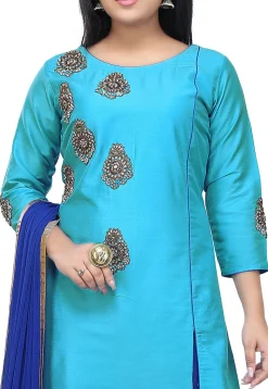 Embroidered Cotton Silk A Line Suit in Turquoise