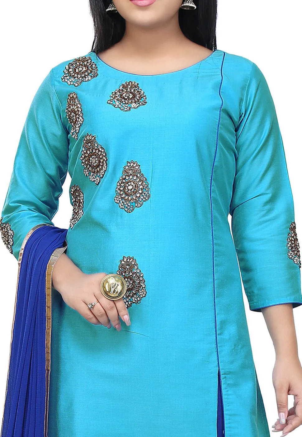 Embroidered Cotton Silk A Line Suit in Turquoise