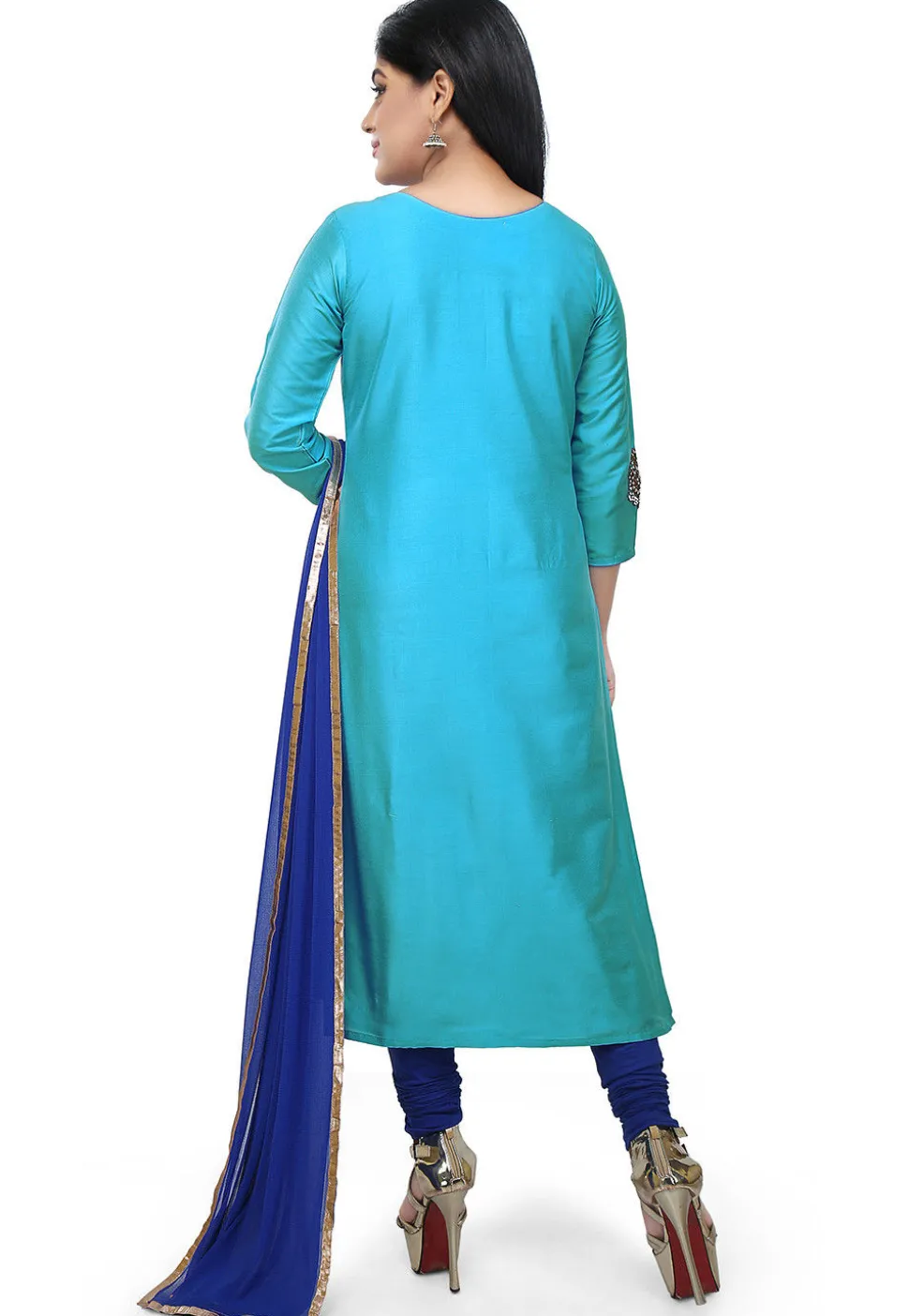 Embroidered Cotton Silk A Line Suit in Turquoise