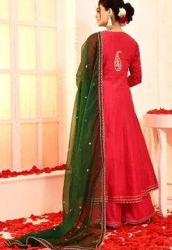 Embroidered Cotton Silk Anarkali Suit in Fuchsia