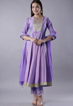 Embroidered Cotton Silk Aline Suit in Light Purple