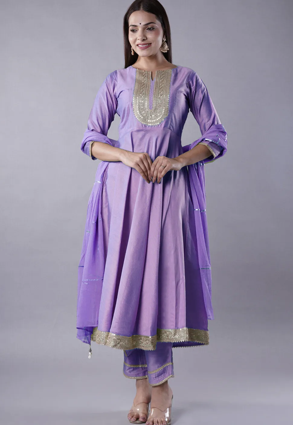 Embroidered Cotton Silk Aline Suit in Light Purple