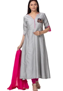 Embroidered Cotton Silk A Line Suit in Grey