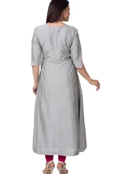Embroidered Cotton Silk A Line Suit in Grey