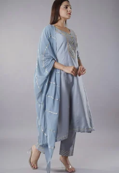 Embroidered Cotton Silk Aline Suit in Grey