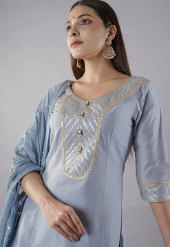 Embroidered Cotton Silk Aline Suit in Grey
