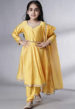 Embroidered Cotton Silk A Line Suit in Yellow