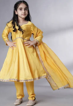Embroidered Cotton Silk A Line Suit in Yellow