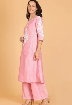 Embroidered Cotton Silk A Line Kurta Set in Pink