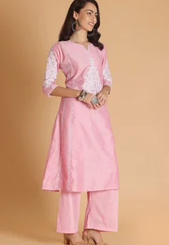 Embroidered Cotton Silk A Line Kurta Set in Pink