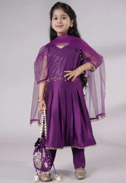 Embroidered Cotton Silk A Line Suit in Dark Purple